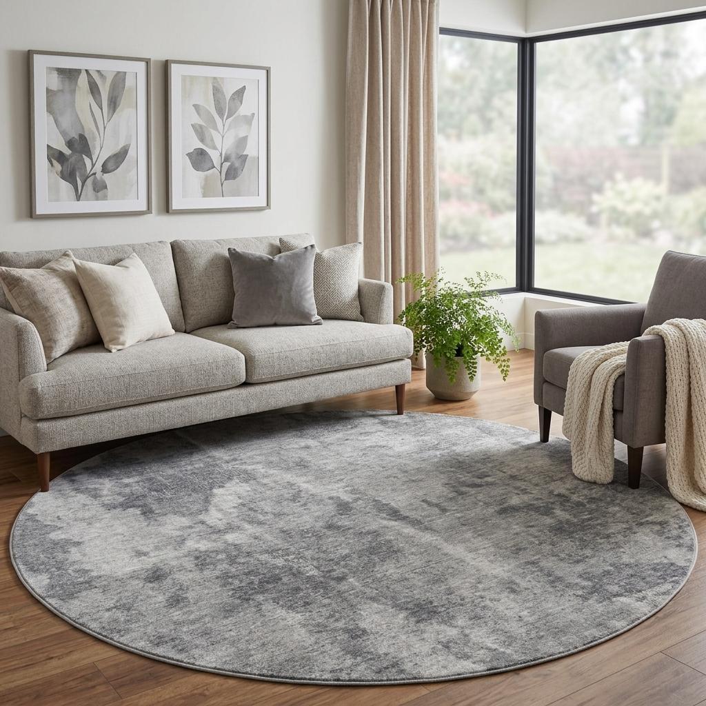 8' Gray And Silver Abstract Shag Washable Round Rug With UV Protection - HomeRoots - Flyclothing LLC