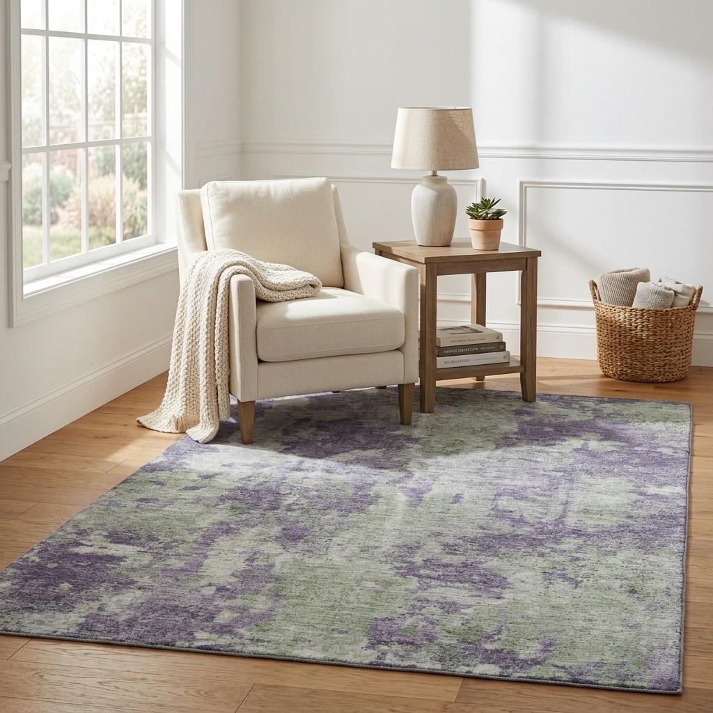 5' X 8' Purple And Green Abstract Shag Washable Area Rug With UV Protection - HomeRoots - Flyclothing LLC