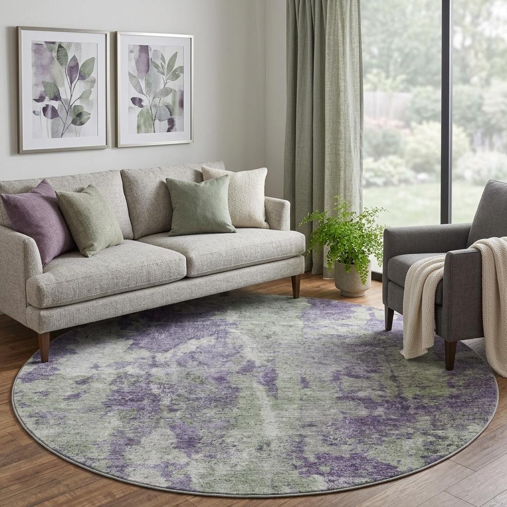 8' Purple And Green Abstract Shag Washable Round Rug With UV Protection - HomeRoots - Flyclothing LLC