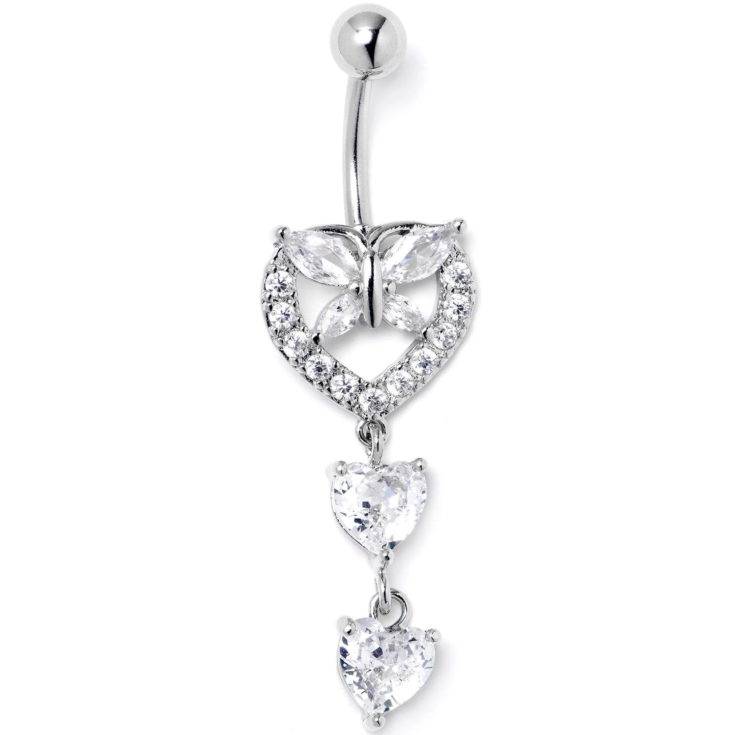 Clear CZ Gem Butterfly Hearts of Love Dangle Belly Ring - BodyCandy - Flyclothing LLC