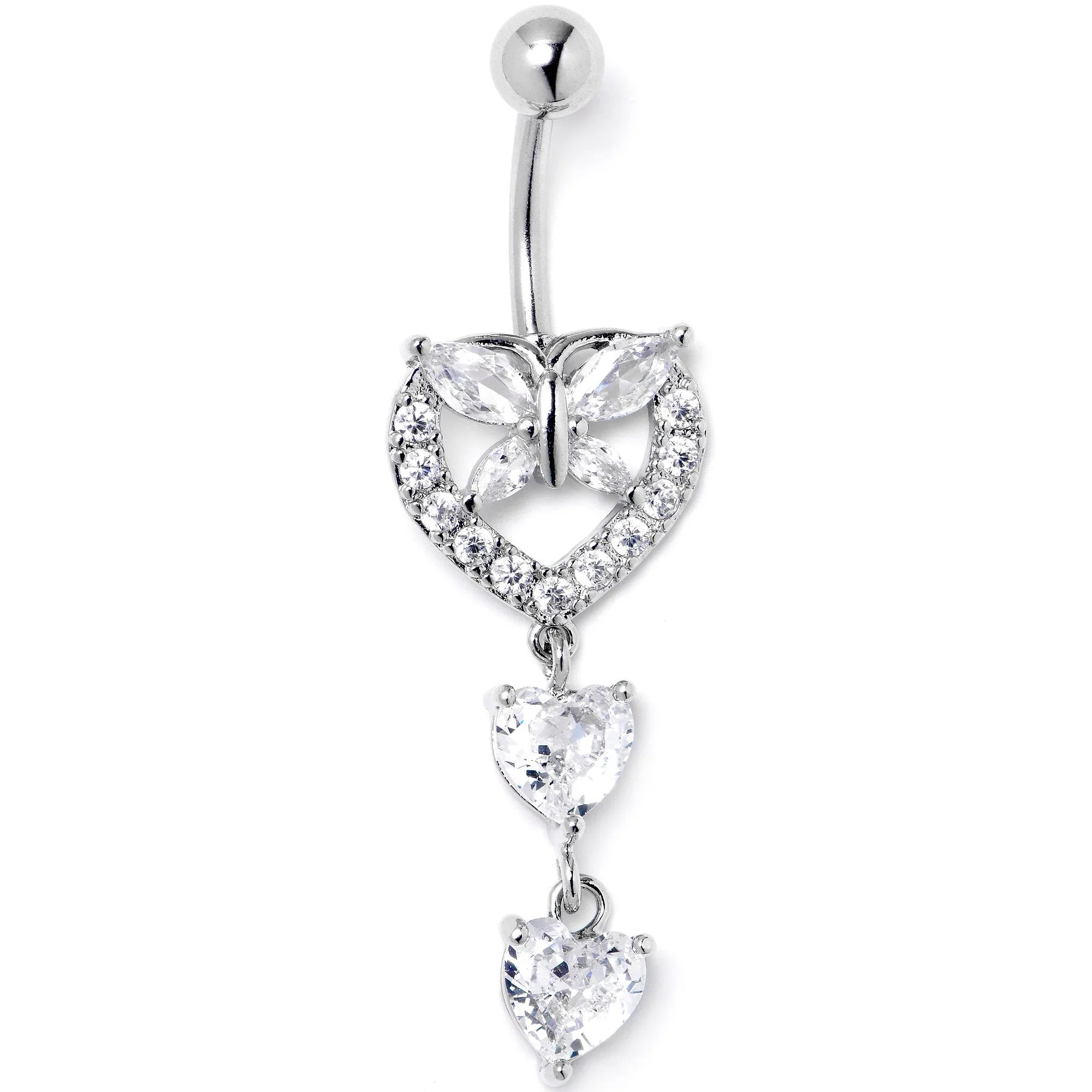 Clear CZ Gem Butterfly Hearts of Love Dangle Belly Ring - BodyCandy - Flyclothing LLC