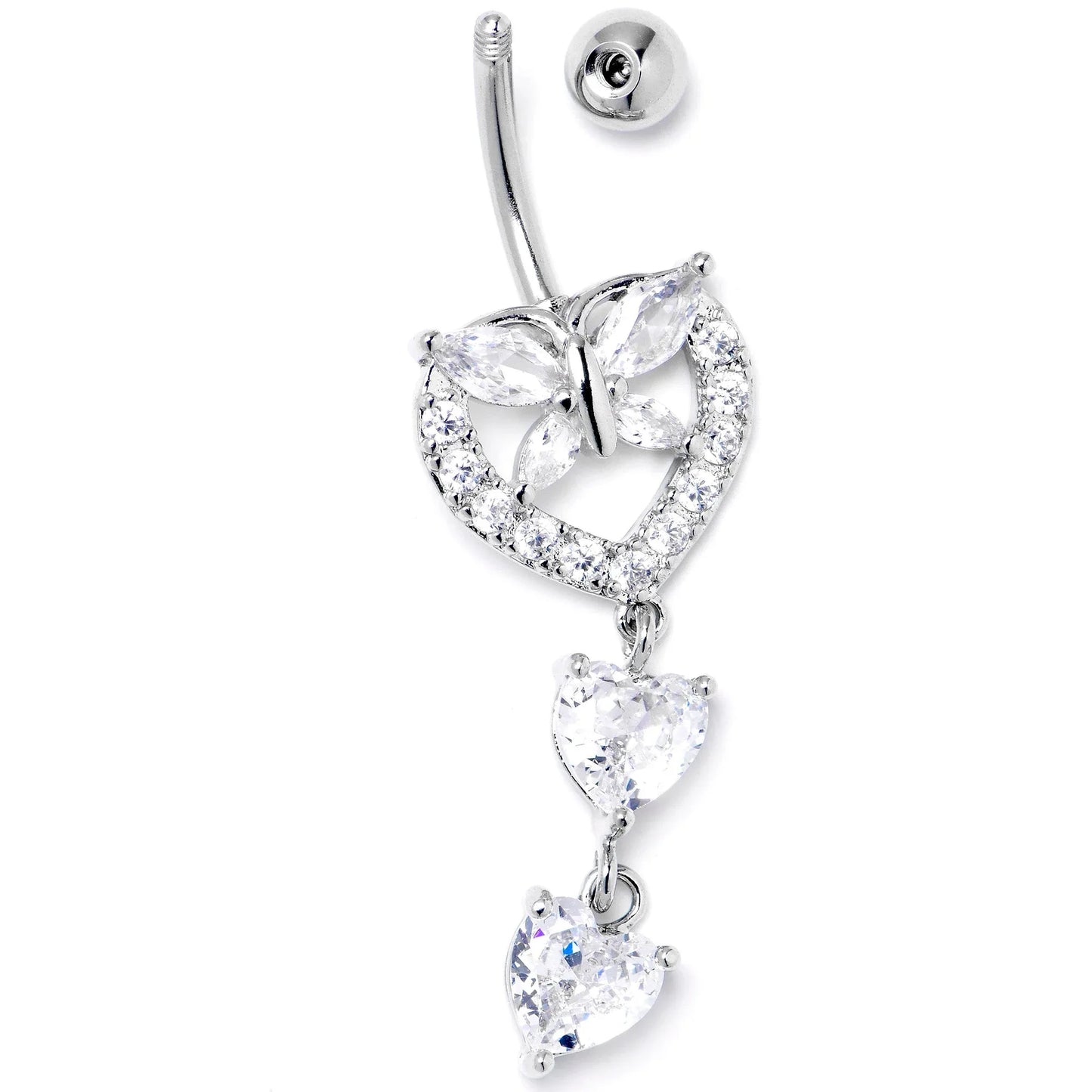 Clear CZ Gem Butterfly Hearts of Love Dangle Belly Ring - BodyCandy - Flyclothing LLC