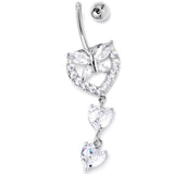 Clear CZ Gem Butterfly Hearts of Love Dangle Belly Ring - BodyCandy - Flyclothing LLC