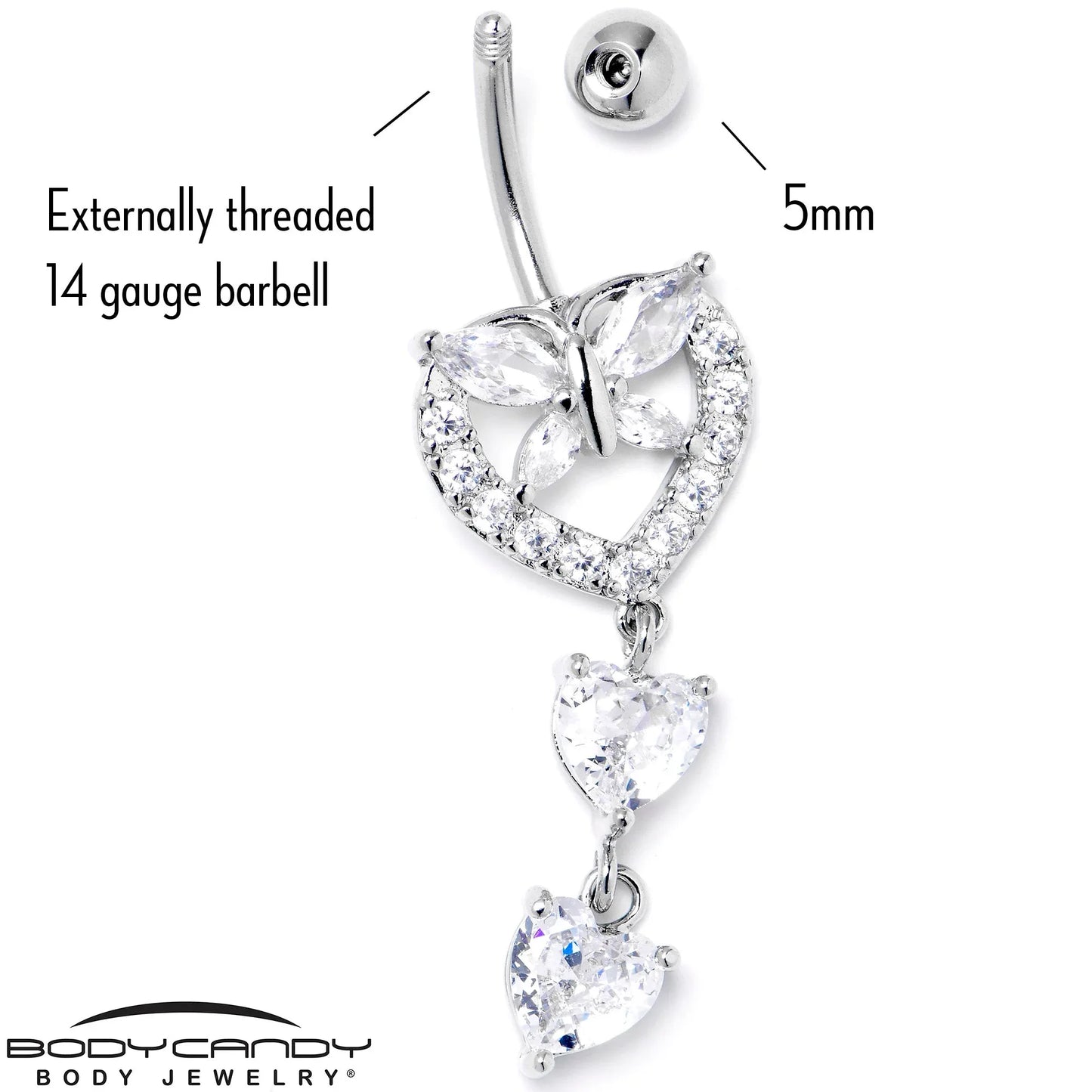 Clear CZ Gem Butterfly Hearts of Love Dangle Belly Ring - BodyCandy - Flyclothing LLC
