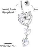 Clear CZ Gem Butterfly Hearts of Love Dangle Belly Ring - BodyCandy - Flyclothing LLC