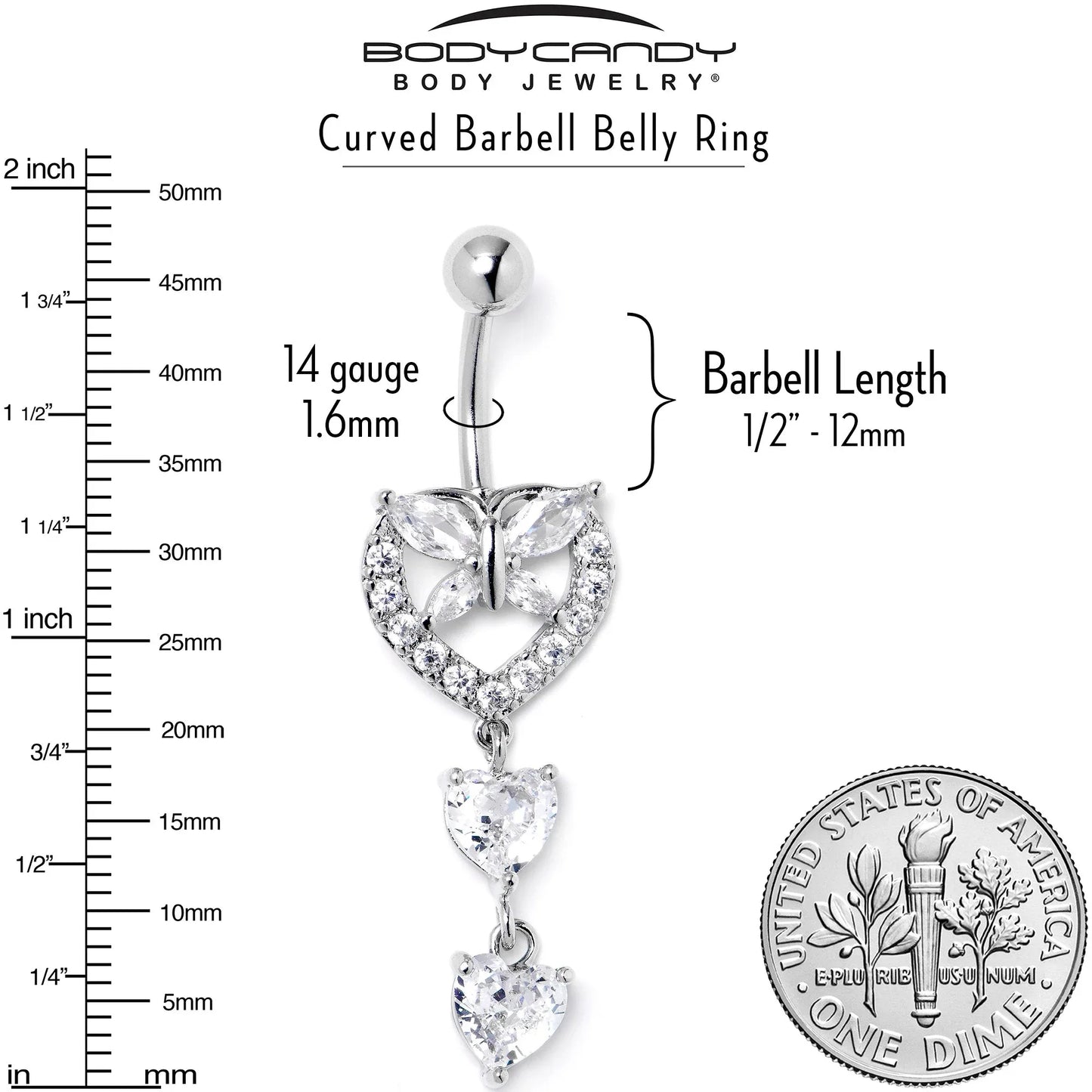 Clear CZ Gem Butterfly Hearts of Love Dangle Belly Ring - BodyCandy - Flyclothing LLC