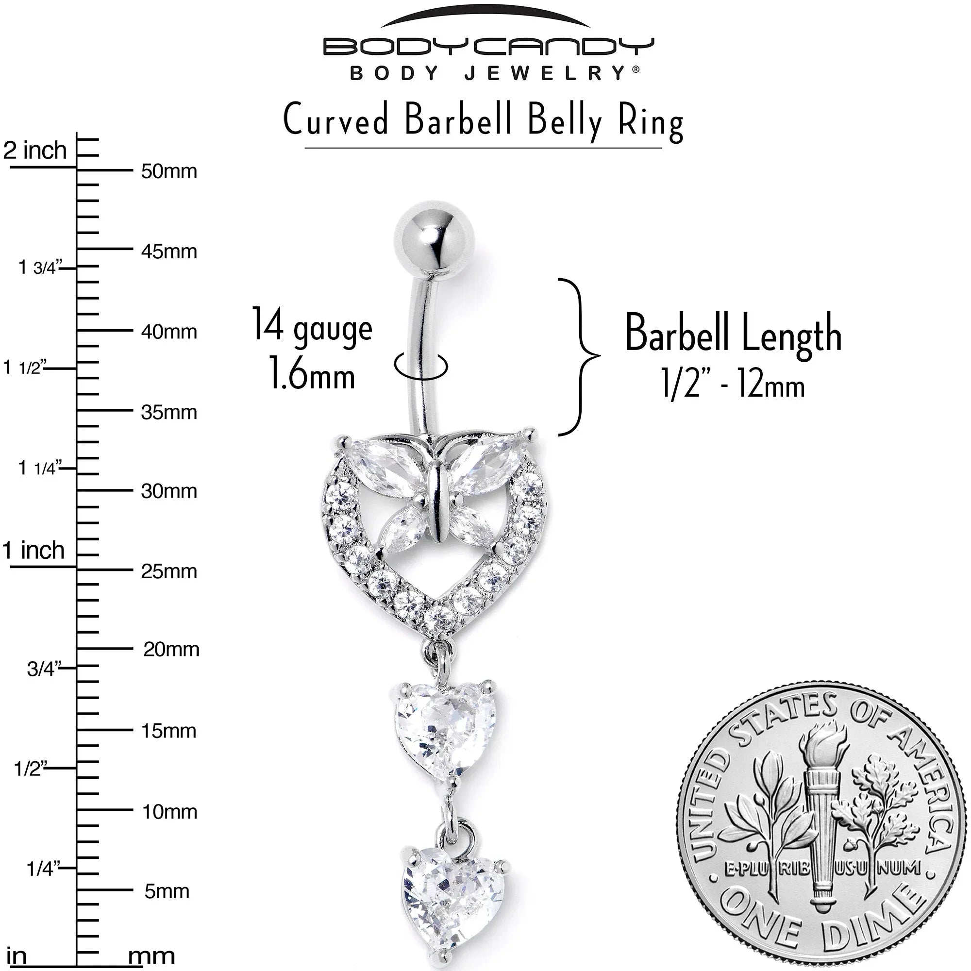 Clear CZ Gem Butterfly Hearts of Love Dangle Belly Ring - BodyCandy - Flyclothing LLC