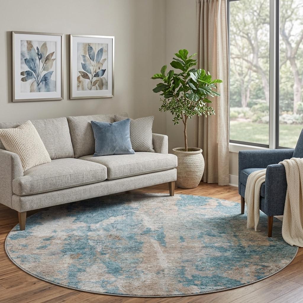 8' Teal And Turquoise Abstract Shag Washable Round Rug With UV Protection - HomeRoots - Flyclothing LLC