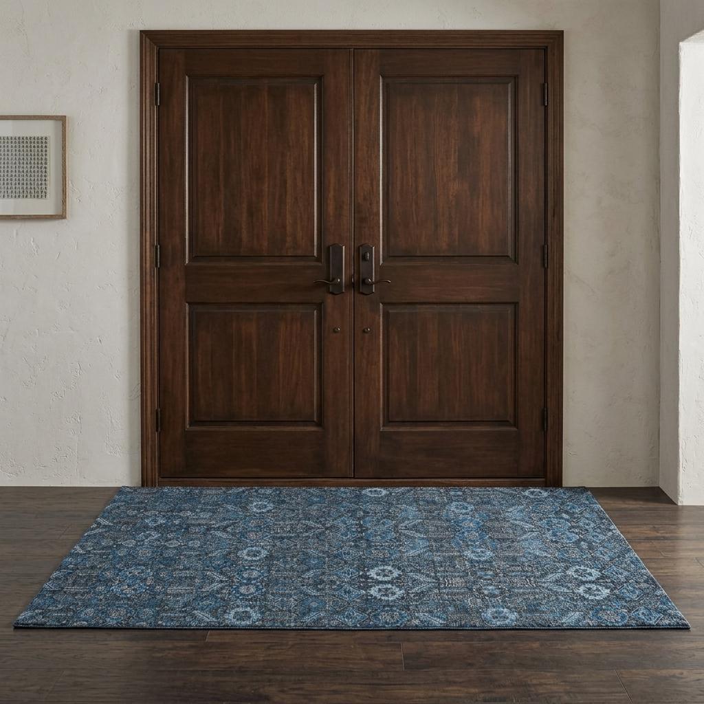 3' X 5' Blue And Navy Blue Geometric Shag Washable Area Rug With UV Protection - HomeRoots - Flyclothing LLC