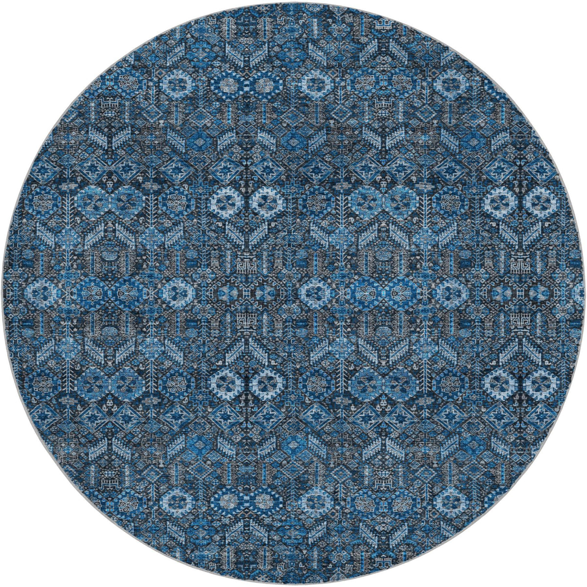 8' Blue And Navy Blue Geometric Shag Washable Round Rug With UV Protection - HomeRoots - Flyclothing LLC