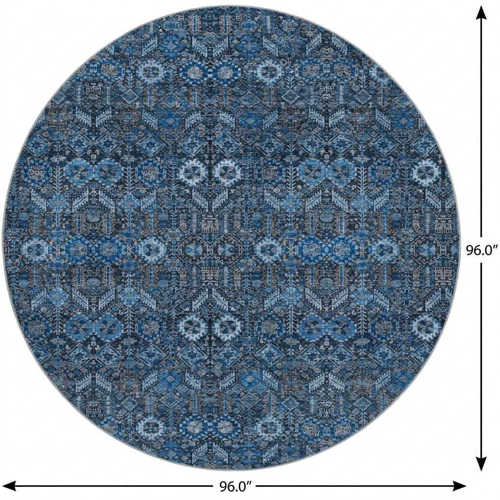 8' Blue And Navy Blue Geometric Shag Washable Round Rug With UV Protection - HomeRoots - Flyclothing LLC