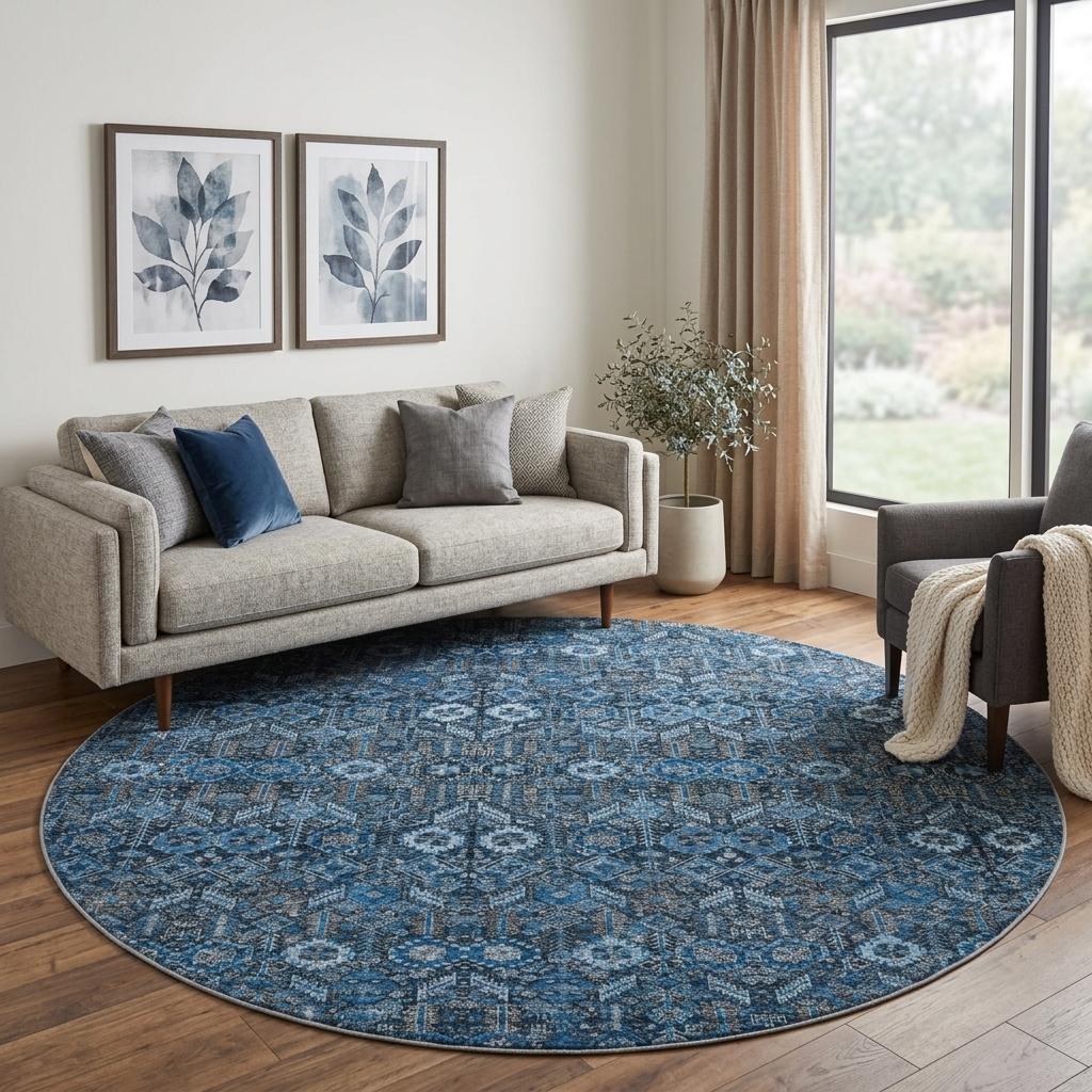 8' Blue And Navy Blue Geometric Shag Washable Round Rug With UV Protection - HomeRoots - Flyclothing LLC