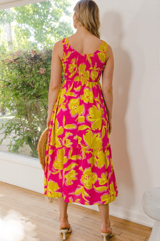 ODDI Full Size Floral Smocked Ruffled Midi Dress - Trendsi