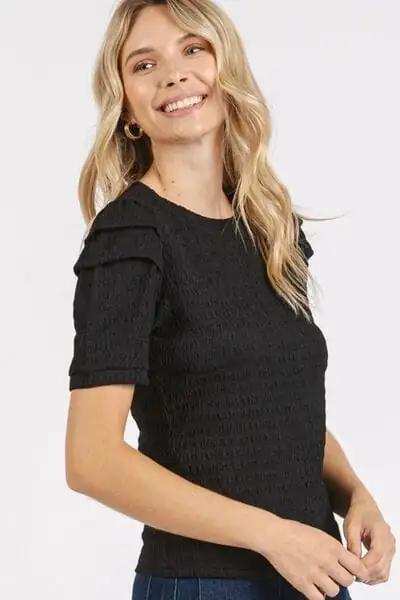 Mittoshop Textured Round Neck Short Sleeve Blouse - Trendsi - Flyclothing LLC