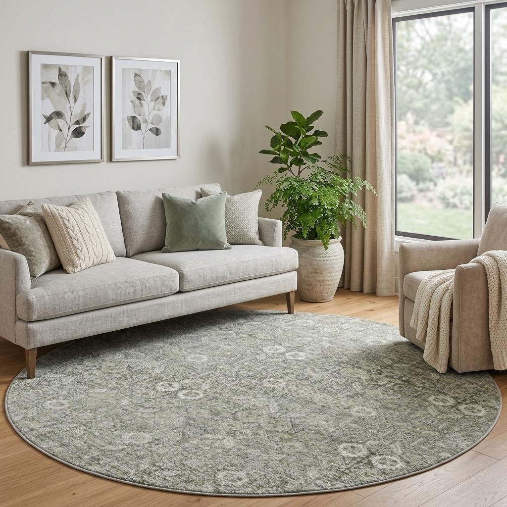 8' Gray And Taupe Geometric Shag Washable Round Rug With UV Protection - HomeRoots - Flyclothing LLC
