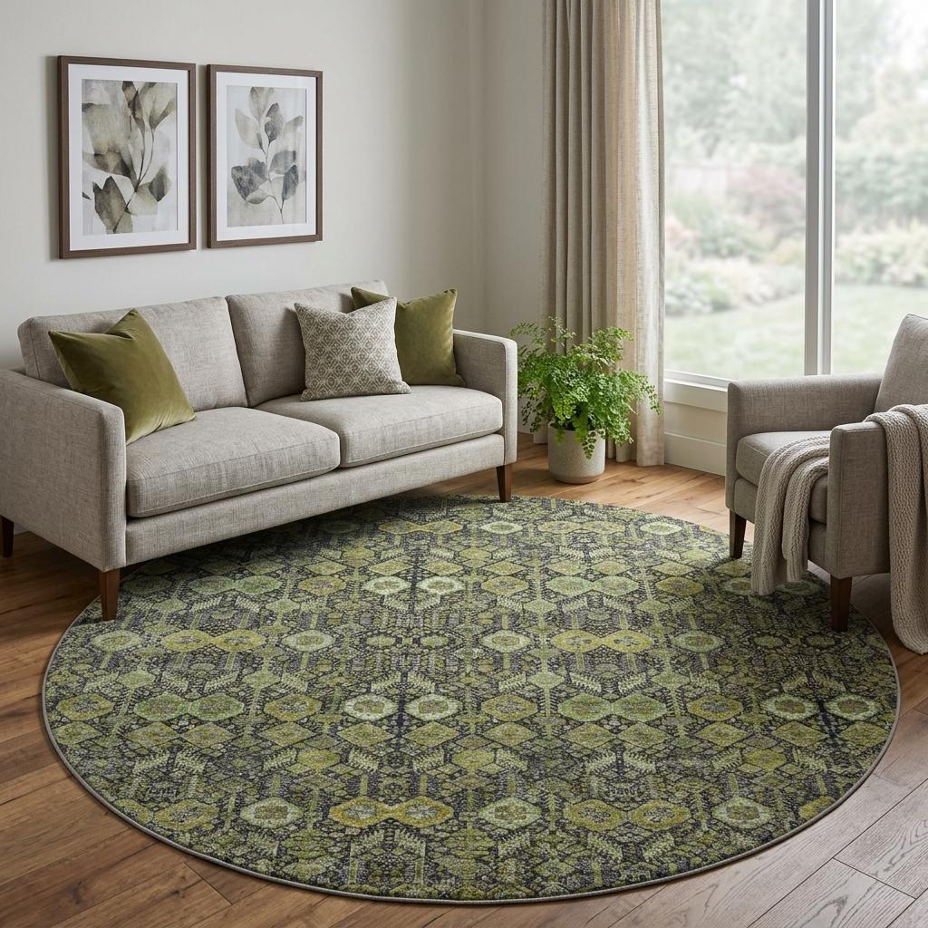 8' Green And Gray Geometric Shag Washable Round Rug With UV Protection - HomeRoots - Flyclothing LLC
