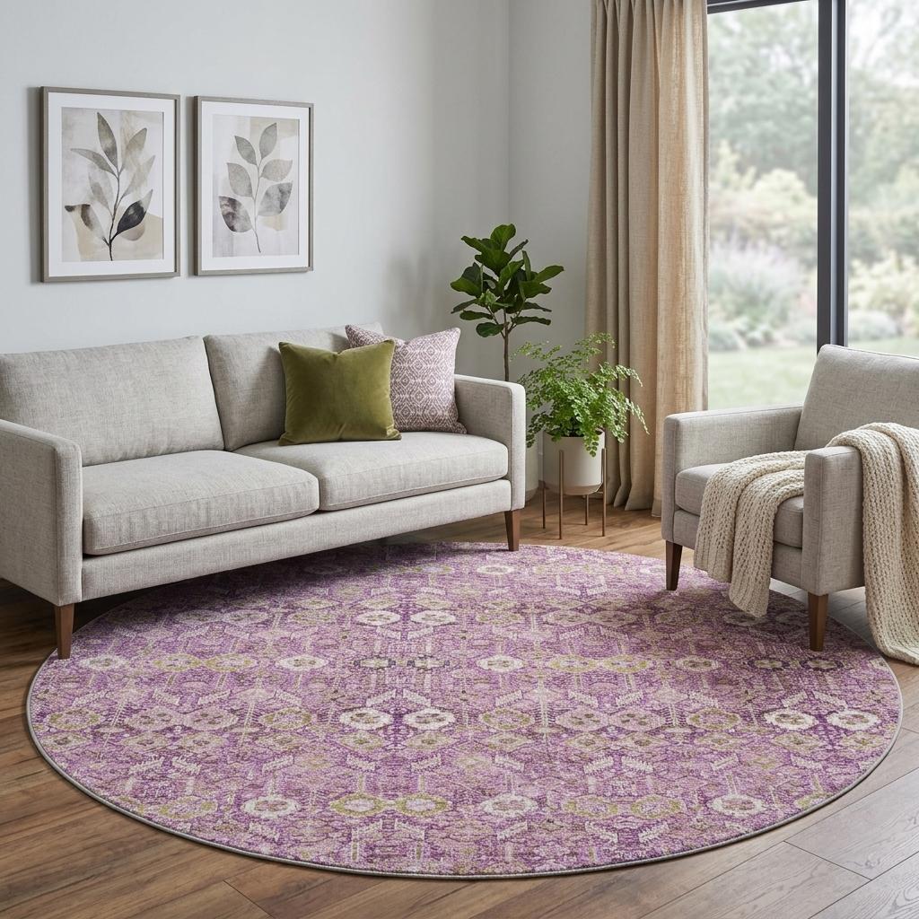8' Lavender And Purple Geometric Shag Washable Round Rug With UV Protection - HomeRoots - Flyclothing LLC
