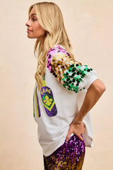BiBi Sequin Mardi Gras Bottles Spangled Sleeve Top - Trendsi - Flyclothing LLC