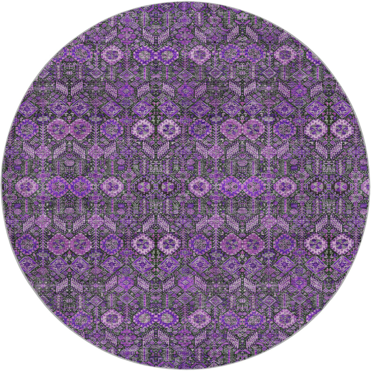 8' Purple And Eggplant Geometric Shag Washable Round Rug With UV Protection - HomeRoots - Flyclothing LLC