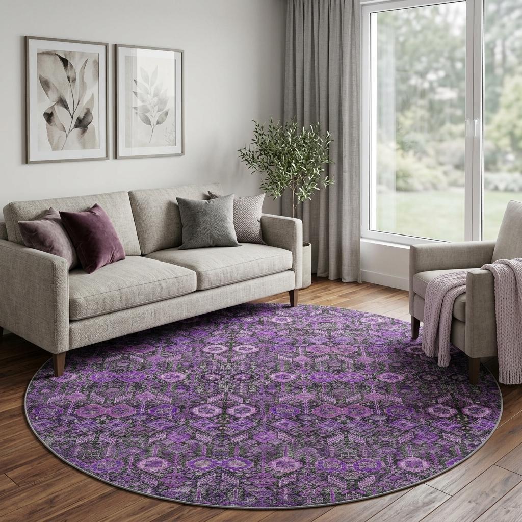 8' Purple And Eggplant Geometric Shag Washable Round Rug With UV Protection - HomeRoots - Flyclothing LLC