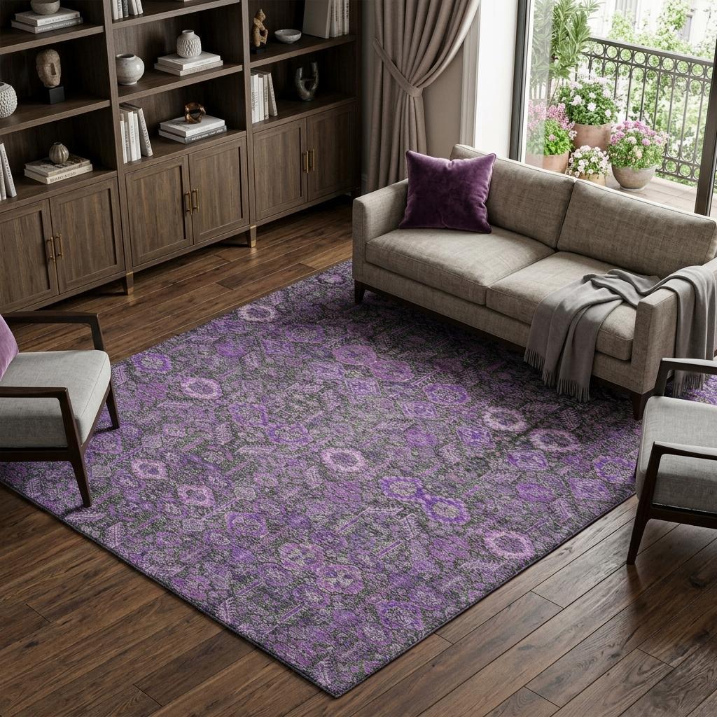 8' X 10' Purple And Eggplant Geometric Shag Washable Area Rug With UV Protection - HomeRoots - Flyclothing LLC