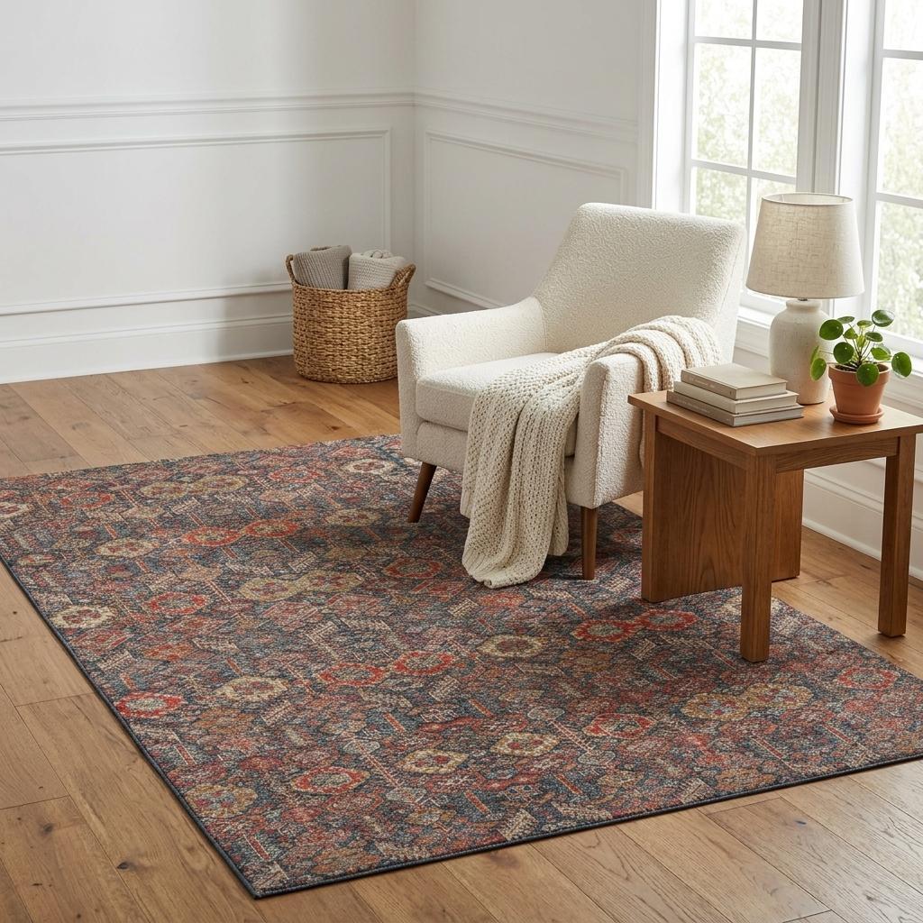 5' X 8' Red And Navy Blue Geometric Shag Washable Area Rug With UV Protection - HomeRoots - Flyclothing LLC