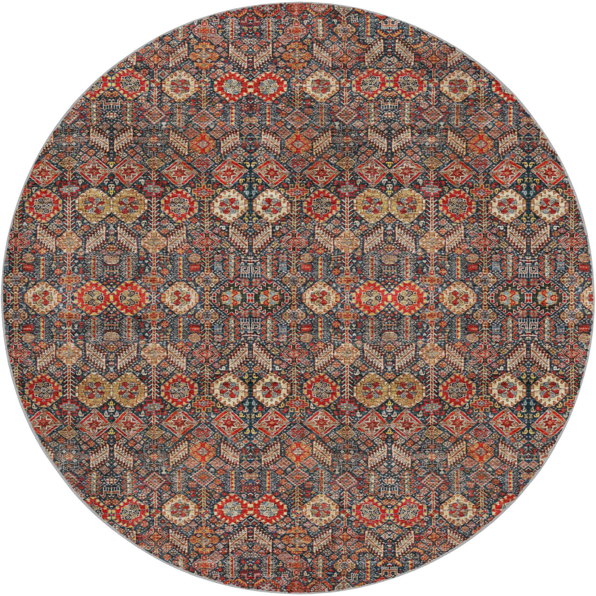 8' Red And Navy Blue Geometric Shag Washable Round Rug With UV Protection - HomeRoots - Flyclothing LLC