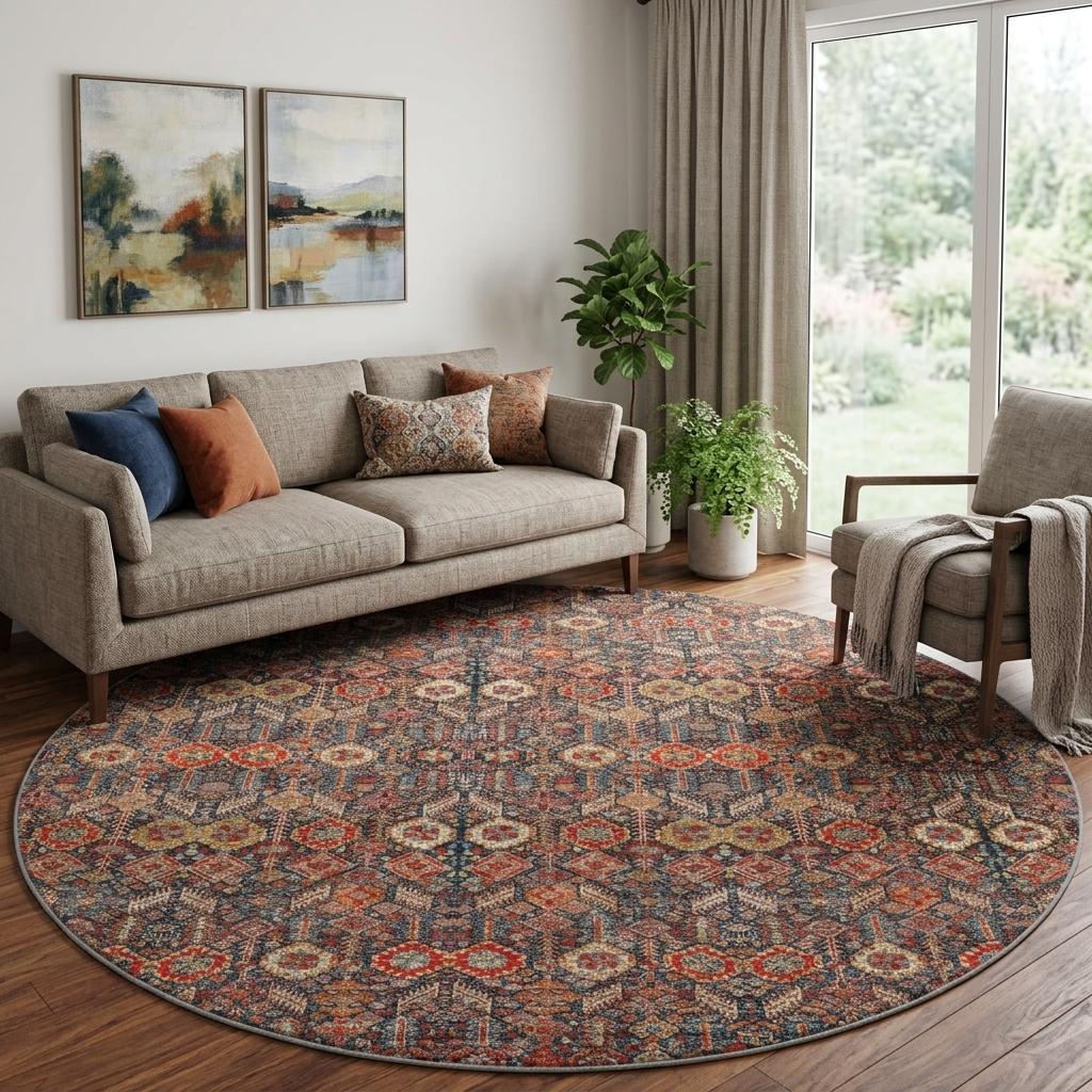 8' Red And Navy Blue Geometric Shag Washable Round Rug With UV Protection - HomeRoots - Flyclothing LLC
