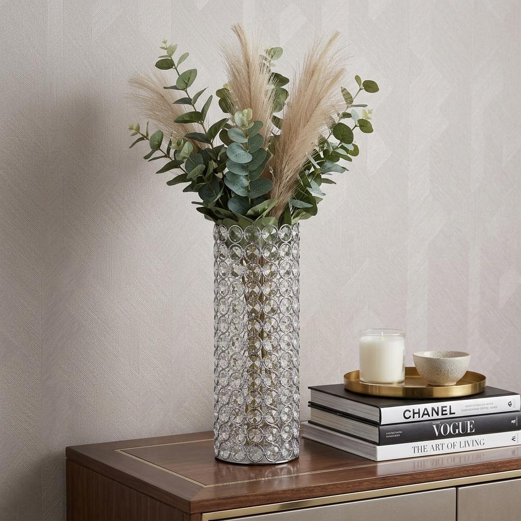 11" Clear And Silver Crystal And Metal Cylinder Table Vase With Faux Crystals - HomeRoots - Flyclothing LLC