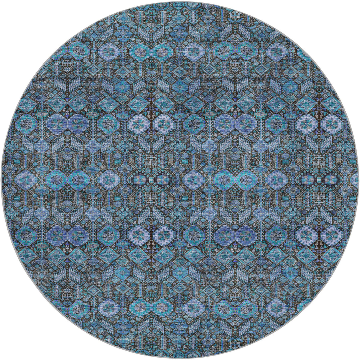 8' Teal And Navy Blue Geometric Shag Washable Round Rug With UV Protection - HomeRoots - Flyclothing LLC