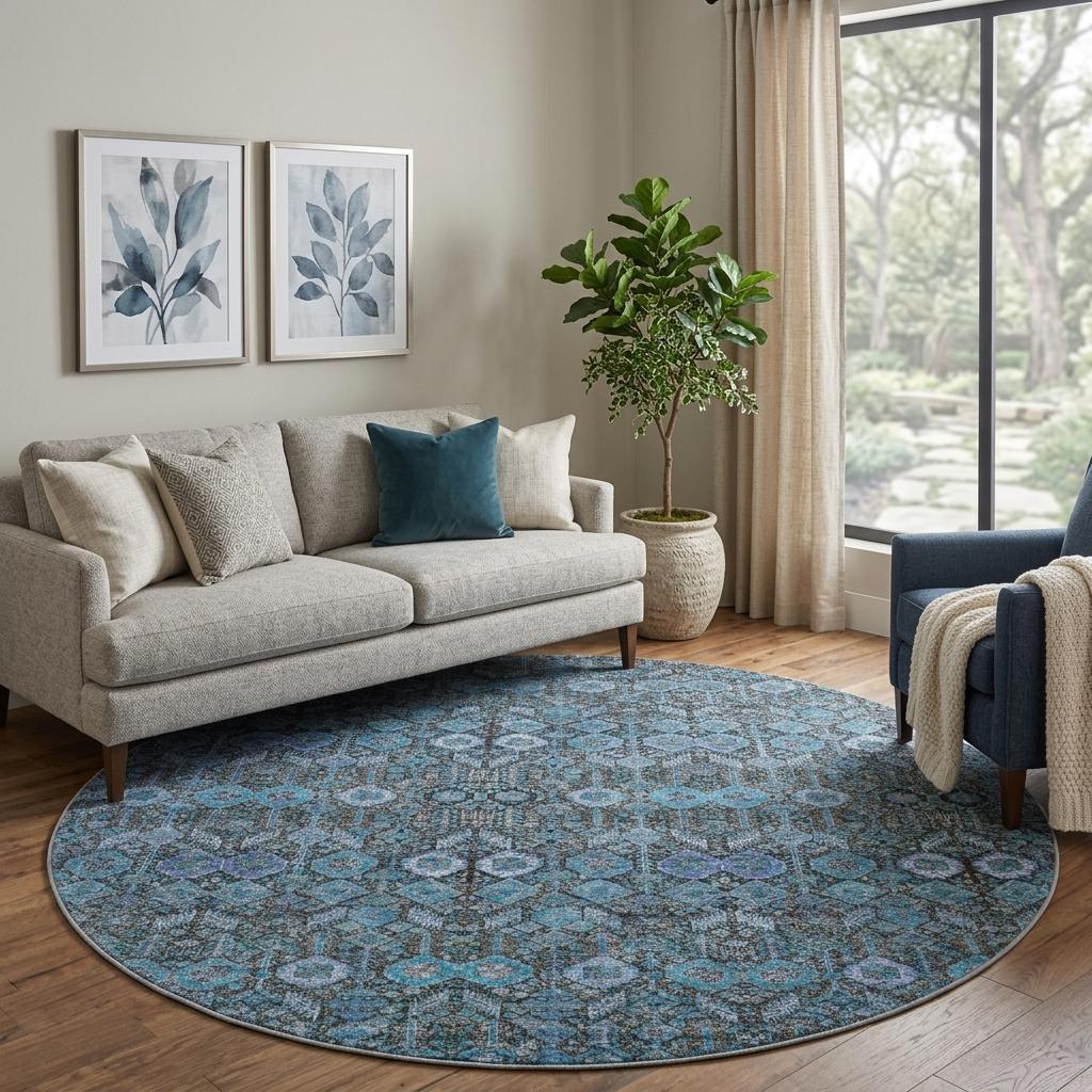 8' Teal And Navy Blue Geometric Shag Washable Round Rug With UV Protection - HomeRoots - Flyclothing LLC