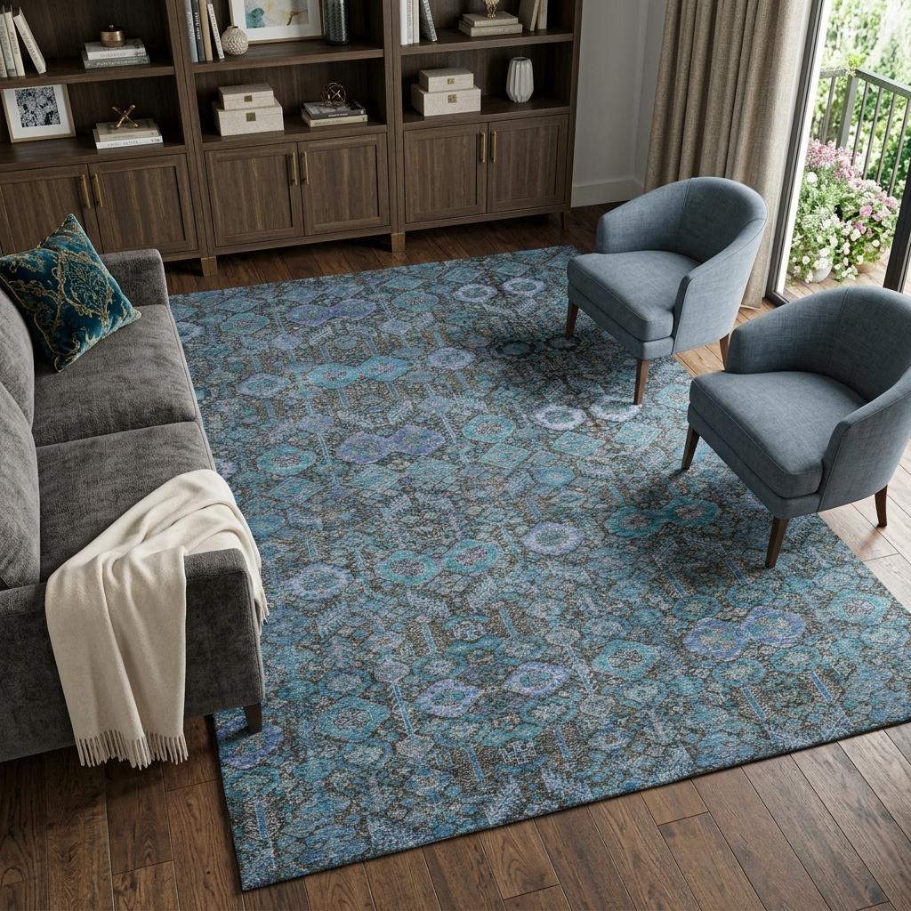9' X 12' Teal And Navy Blue Geometric Shag Washable Area Rug With UV Protection - HomeRoots - Flyclothing LLC