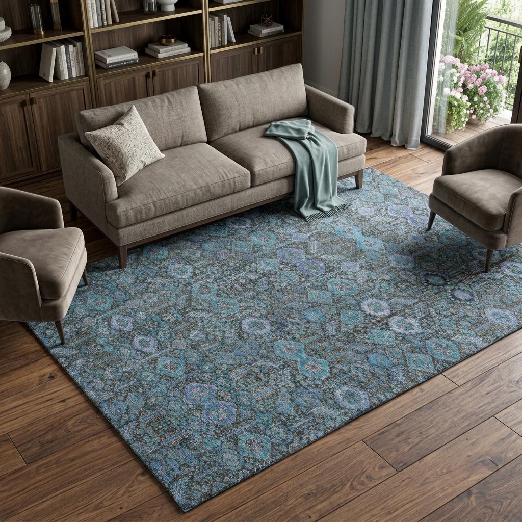 10' X 14' Teal And Navy Blue Geometric Shag Washable Area Rug With UV Protection - HomeRoots - Flyclothing LLC