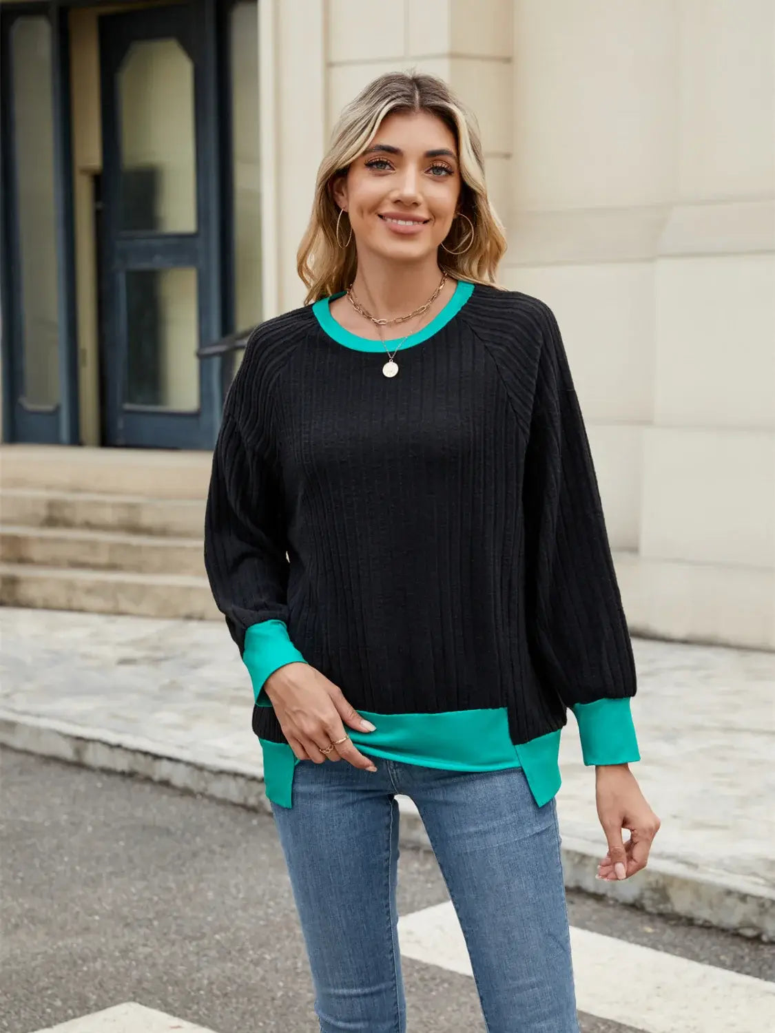 Contrast Trim Round Neck Long Sleeve T-Shirt - Trendsi - Flyclothing LLC