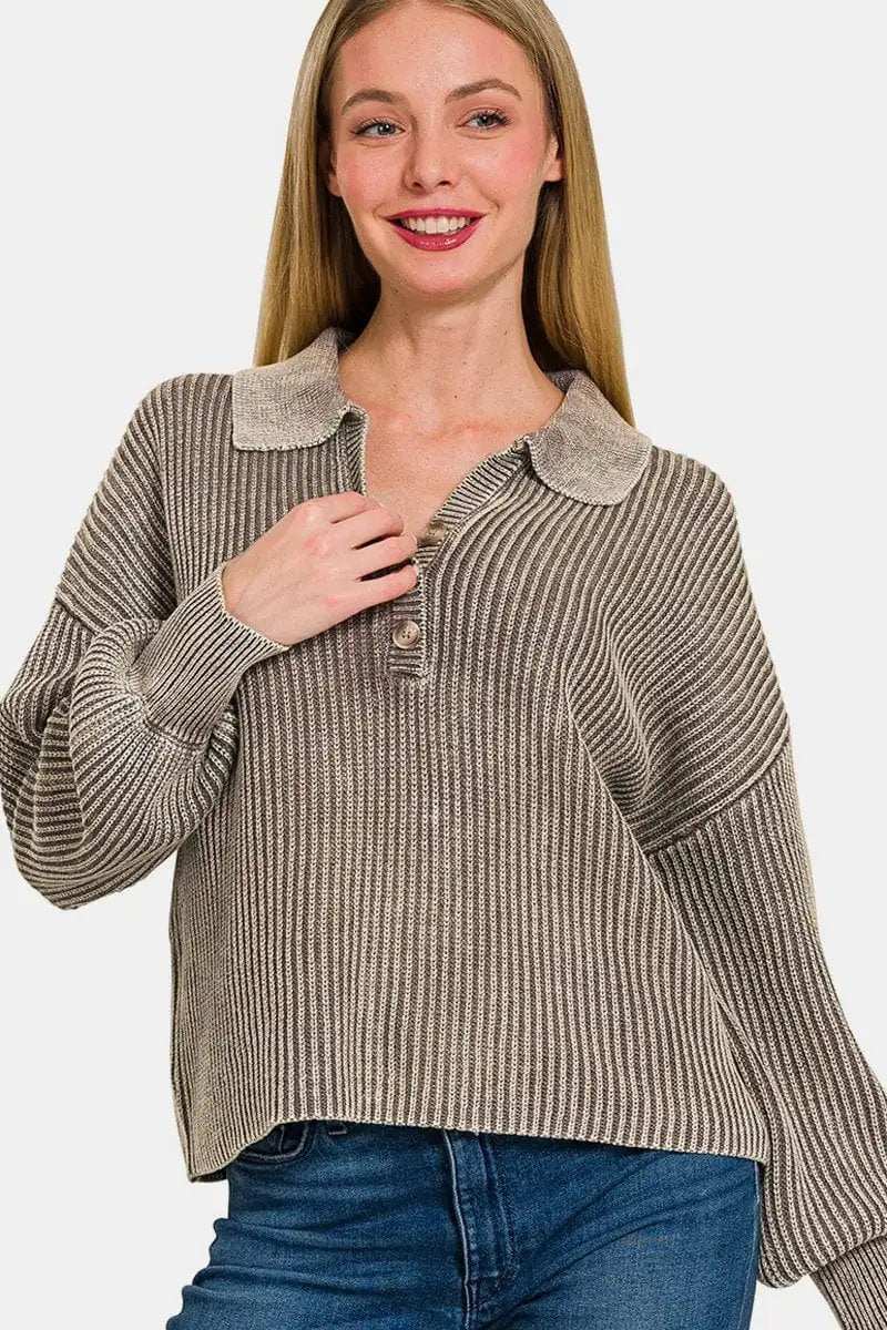 Zenana Washed Half Button Long Sleeve Sweater - Trendsi - Flyclothing LLC