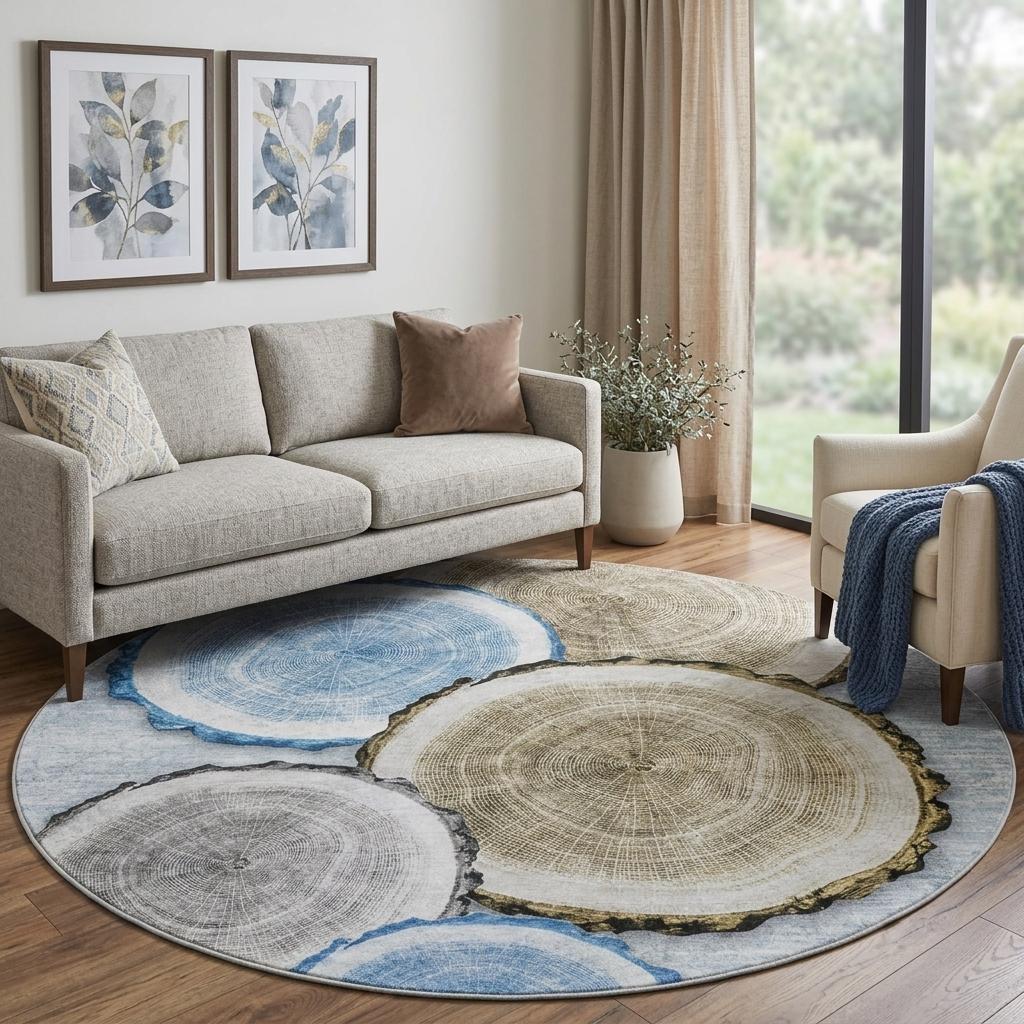 8' Blue And Navy Blue Faux Bois Shag Washable Round Rug With UV Protection - HomeRoots - Flyclothing LLC