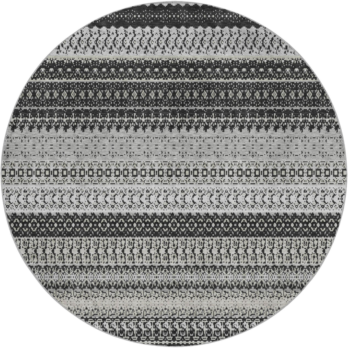 8' Black And Gray Striped Shag Washable Round Rug With UV Protection - HomeRoots - Flyclothing LLC