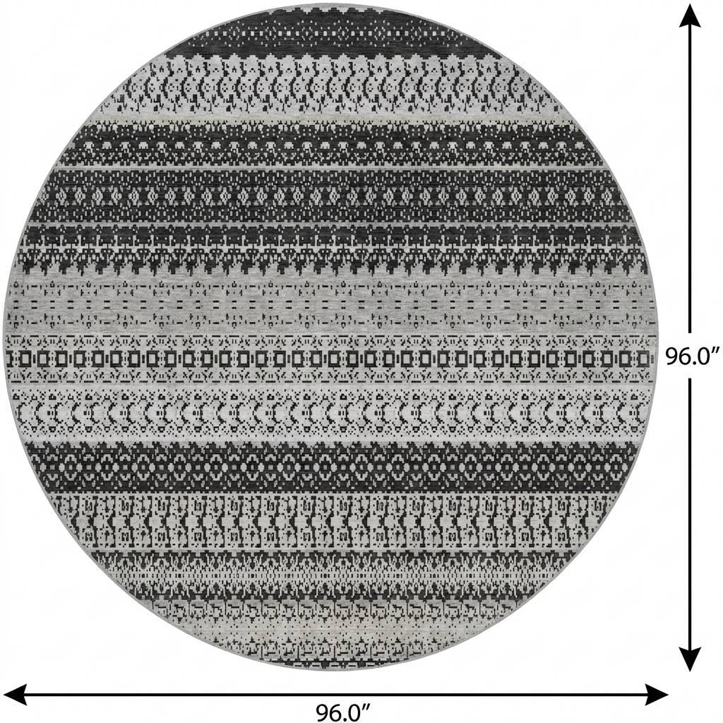 8' Black And Gray Striped Shag Washable Round Rug With UV Protection - HomeRoots - Flyclothing LLC