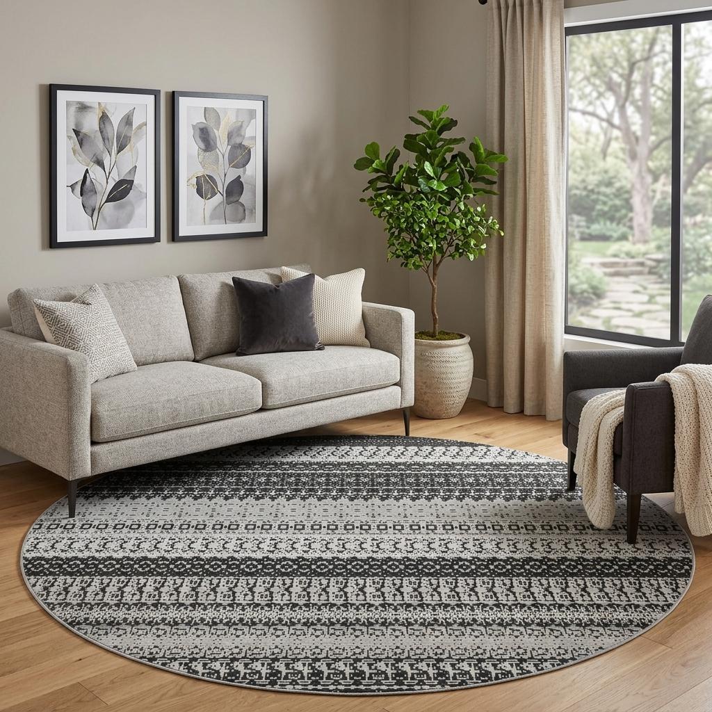 8' Black And Gray Striped Shag Washable Round Rug With UV Protection - HomeRoots - Flyclothing LLC