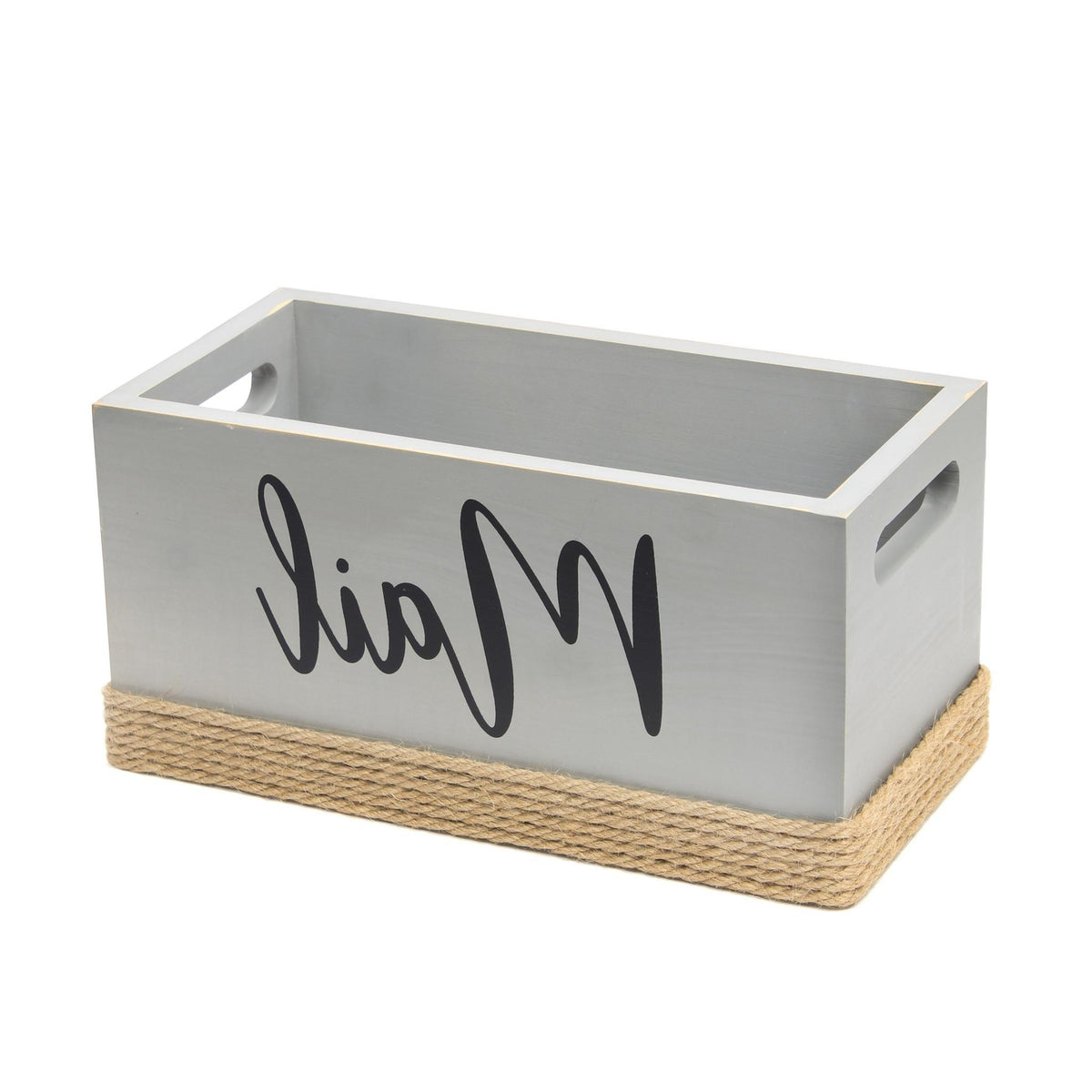 12" Antiqued White Solid Wood And Jute Mail Holder
