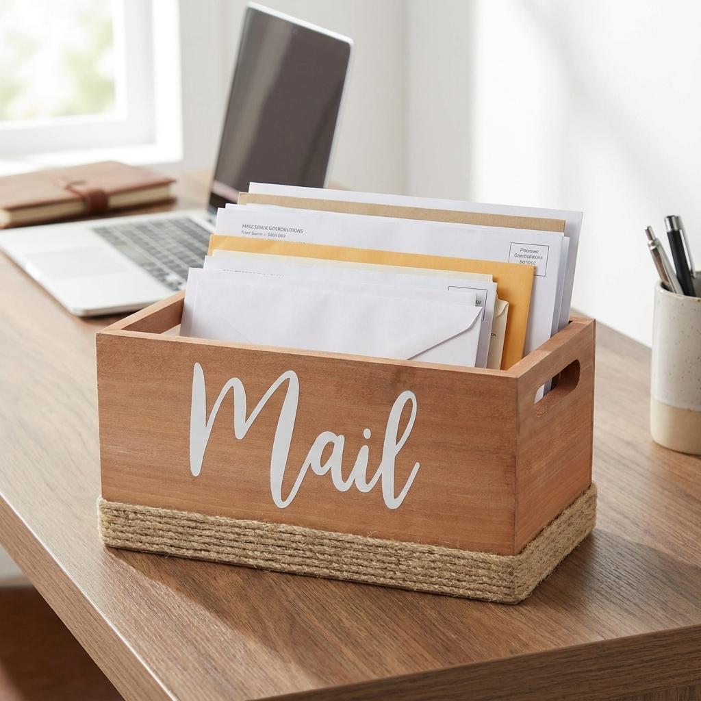 12" Natural Jute And Solid Wood Mail Holder