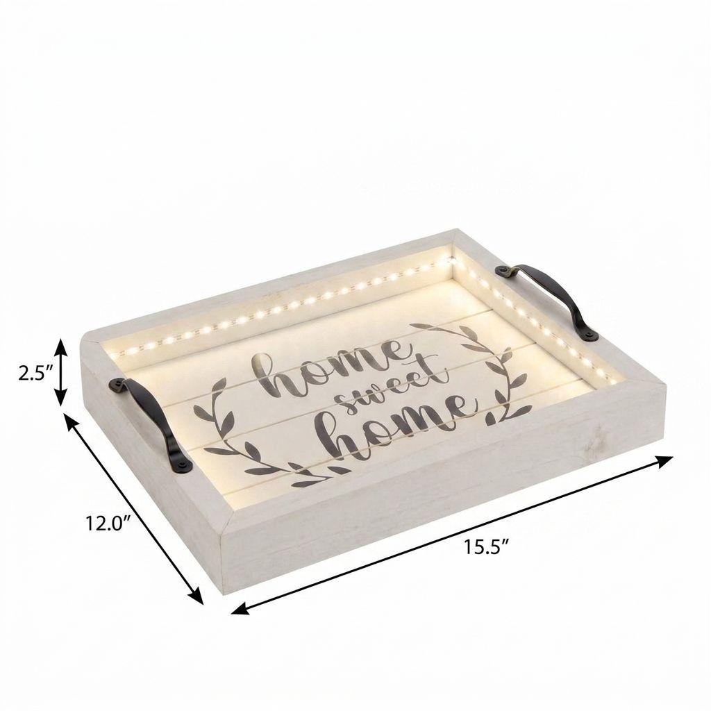 16" White And Black Wood Home Sweet Home Serving Tray With Handles And LED Lights - HomeRoots - Flyclothing LLC