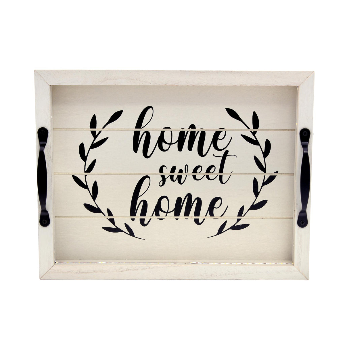 16" White And Black Wood Home Sweet Home Serving Tray With Handles And LED Lights - HomeRoots - Flyclothing LLC