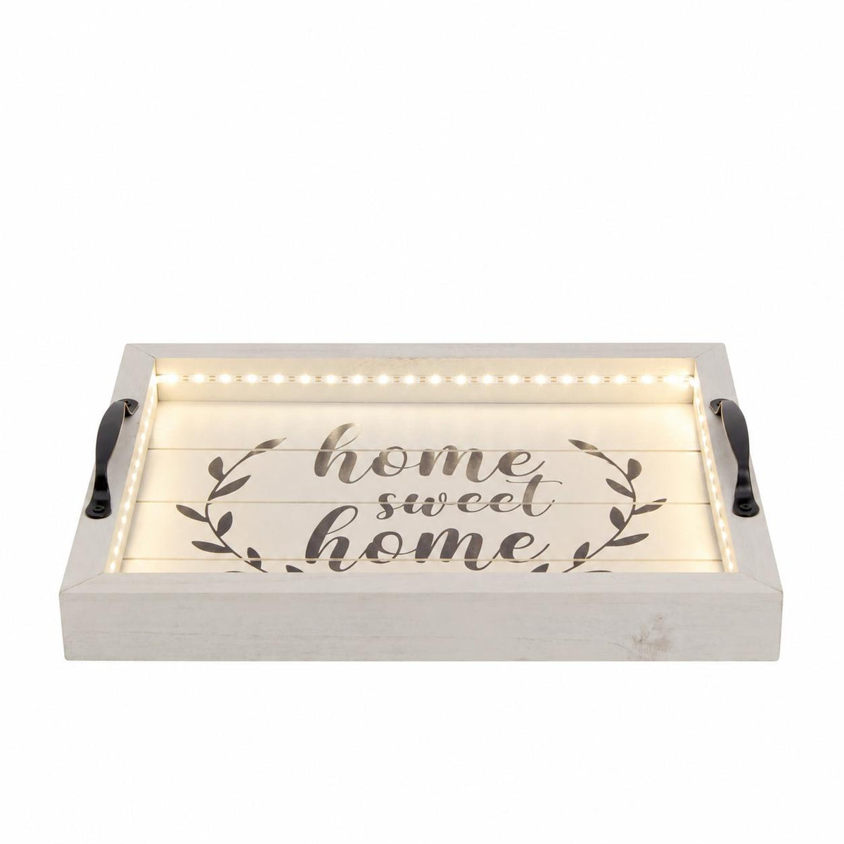 16" White And Black Wood Home Sweet Home Serving Tray With Handles And LED Lights - HomeRoots - Flyclothing LLC