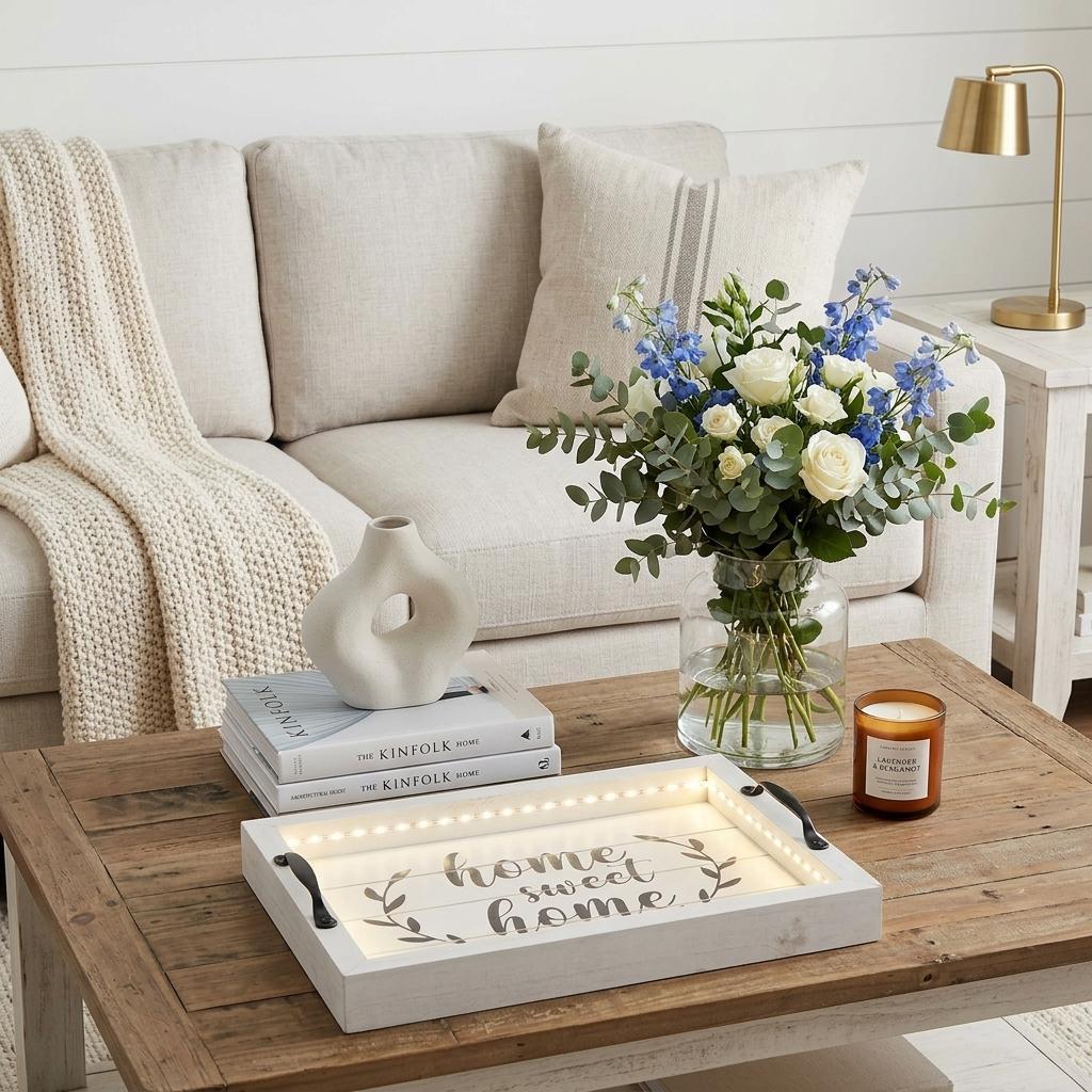 16" White And Black Wood Home Sweet Home Serving Tray With Handles And LED Lights - HomeRoots - Flyclothing LLC