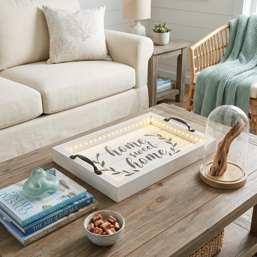 16" White And Black Wood Home Sweet Home Serving Tray With Handles And LED Lights - HomeRoots - Flyclothing LLC