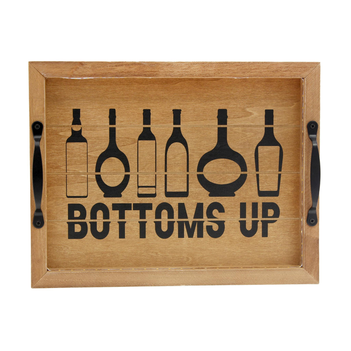 16" Natural And Black Wood Bottoms Up Wine Serving Tray With Handles And LED Lights