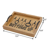 16" Natural And Black Wood Bottoms Up Wine Serving Tray With Handles And LED Lights