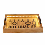 16" Natural And Black Wood Bottoms Up Wine Serving Tray With Handles And LED Lights