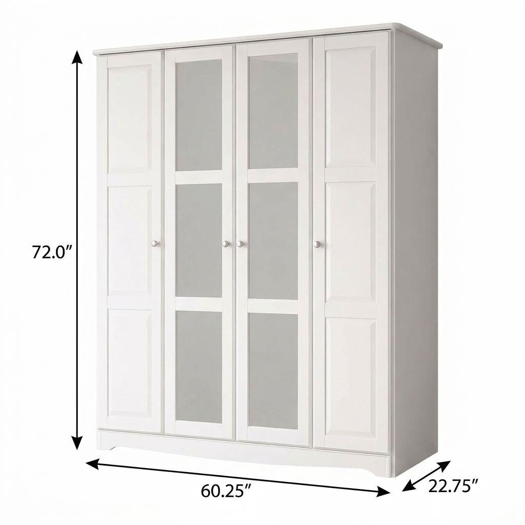 72" White Solid Wood Mirrored Four Door Combo Dresser